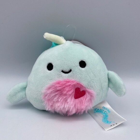 Squishmallow 3.5” Valentines Furry Belly Niema Narwhal Clip On Keychain - Picture 2 of 8